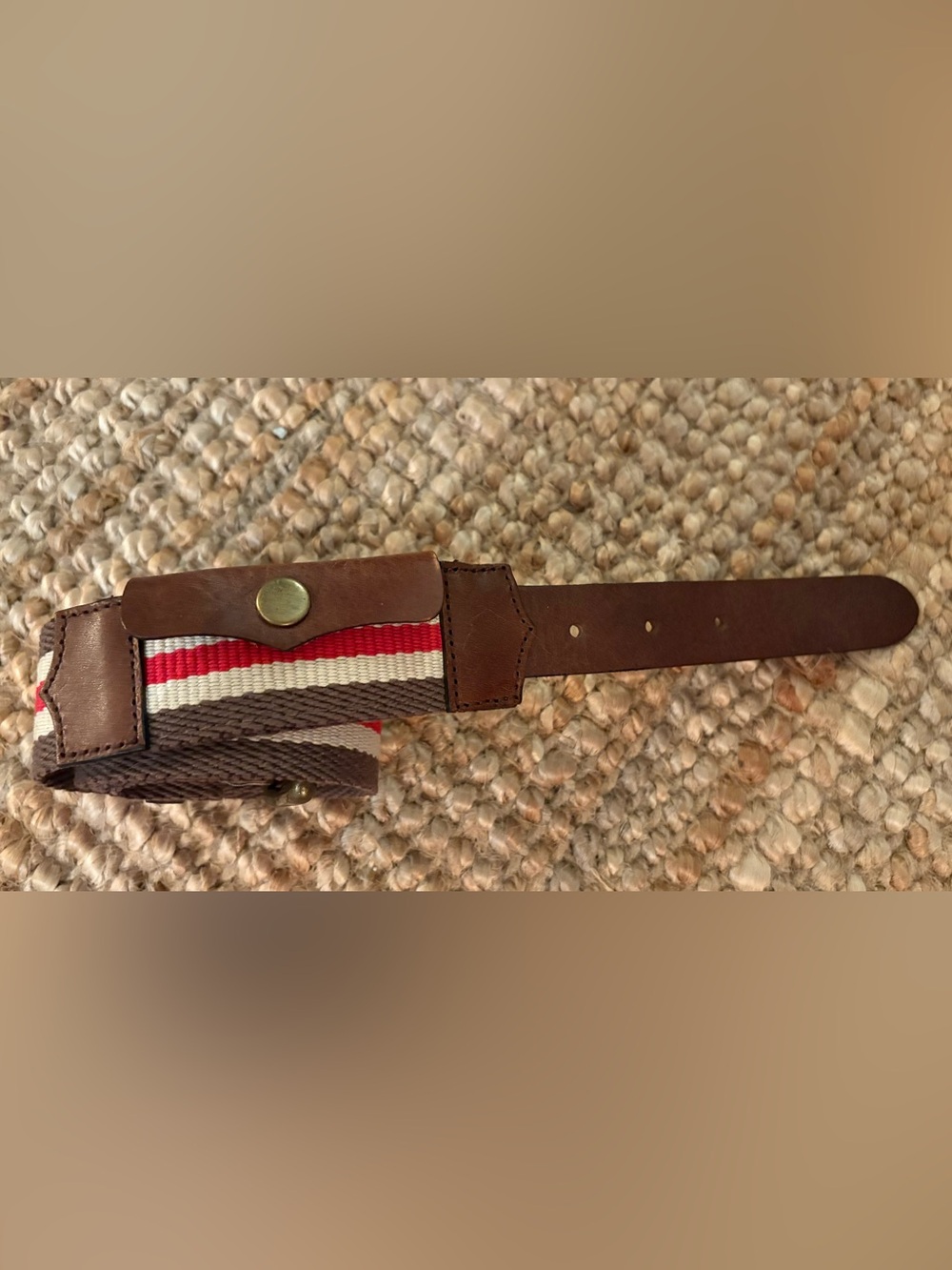 NWT: Eddie Bauer Brown Leather-Trim Stripe 100% Canvas Belt With Web Pocket